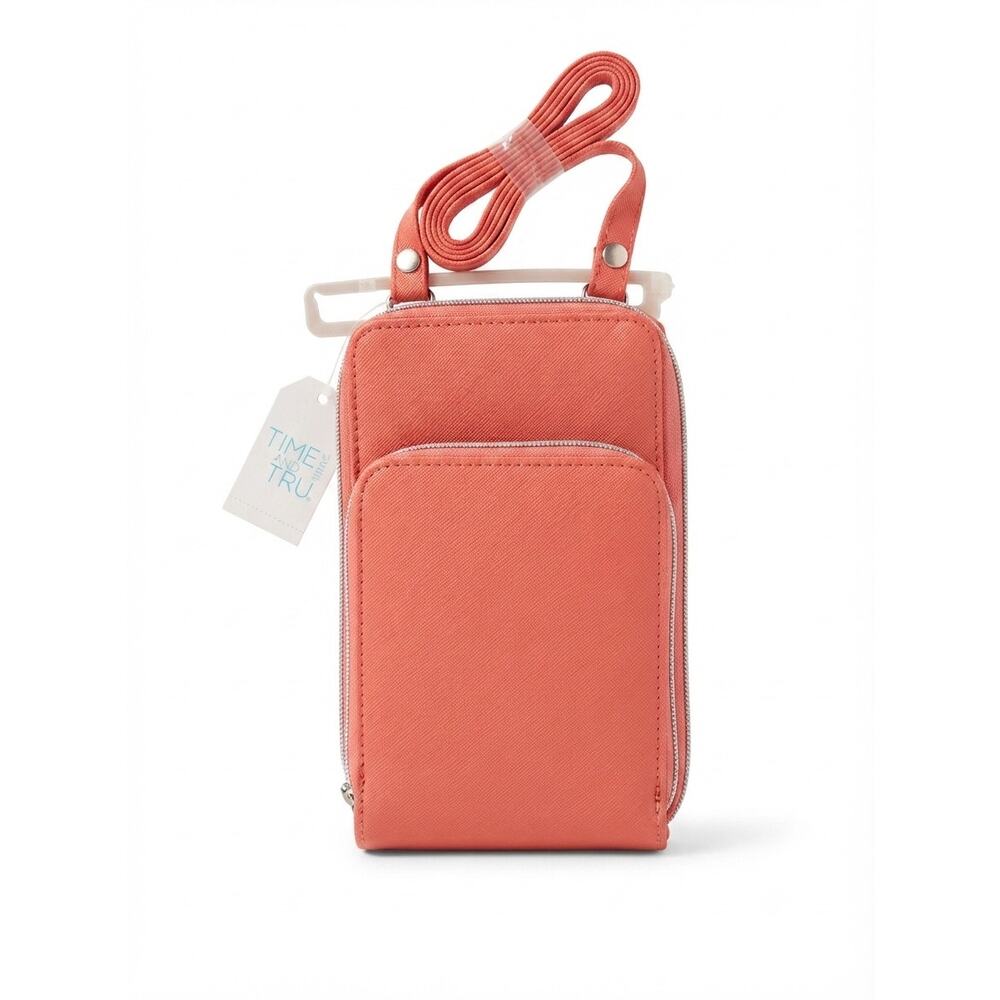 NWT Time & Tru Coral Crossbody Wallet Phone Bag Purse Organizer Zip Around - Picture 2 of 10